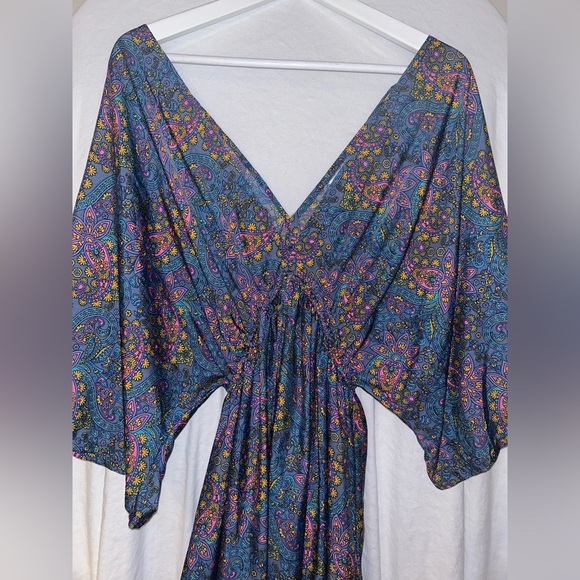 SILK MAXI DRESS | 100% VINTAGE SILK | WOMEN’S ONE SIZE | PINK TASSELS | BLUE - Picture 5 of 8